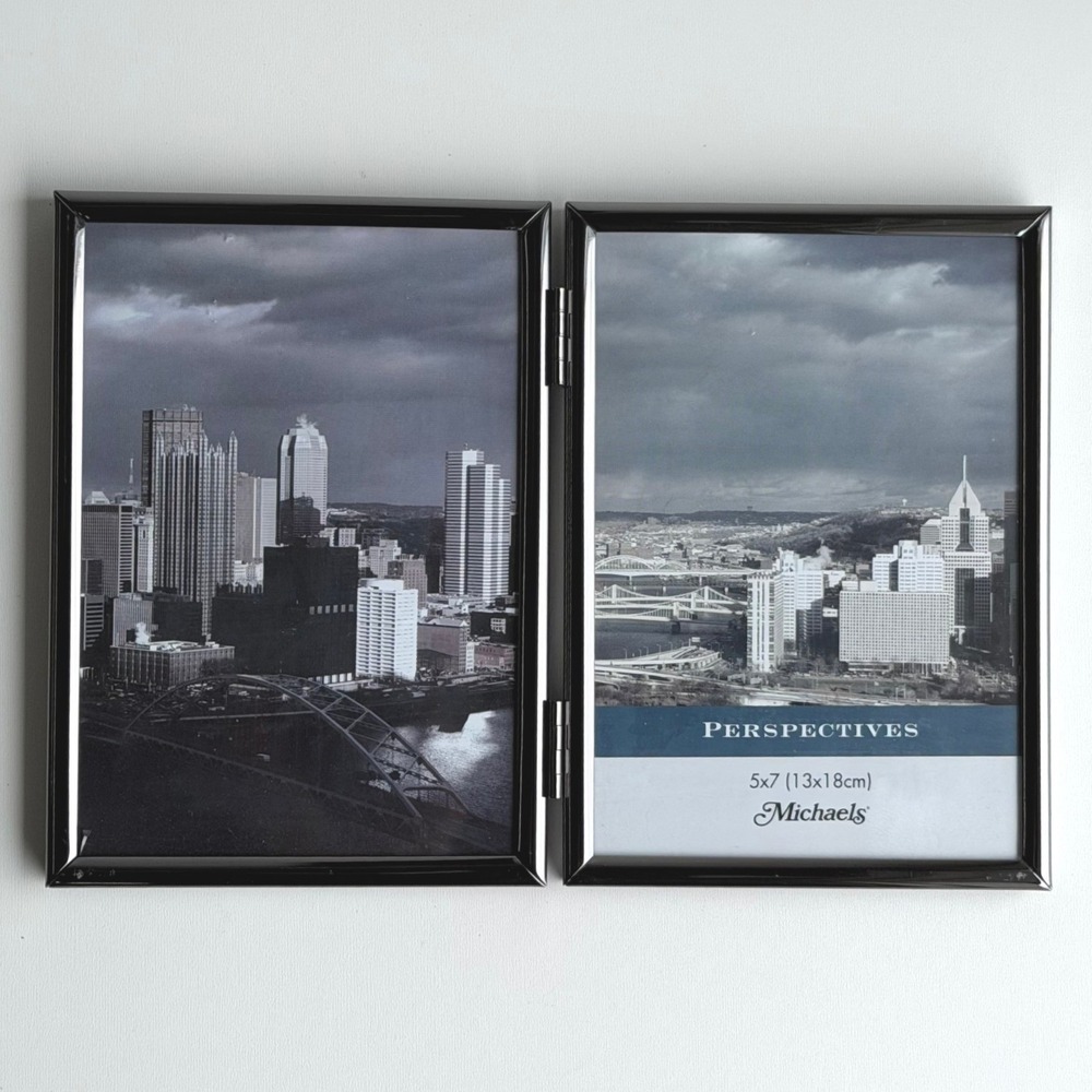 Michaels Perspectives Double Picture Frame 5x7 Gun Metal‎ Grey Hinge Folding